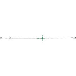 Green CZ Sideways Cross Rhodium-Plated Sterling Silver Bracelet, Adjustable 6-8"