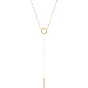 Circle and Bar Y Necklace in 14k Yellow Gold, Adjustable 16-18"