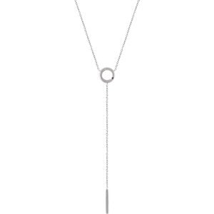 Circle and Bar Dangle Necklace in 14k White Gold, Adjustable 16-18"