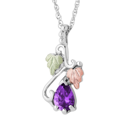 Ave 369 Created Amethyst Pear February Birthstone Pendant Necklace, Sterling Silver, 12k Green and Rose Gold Black Hills Gold Motif