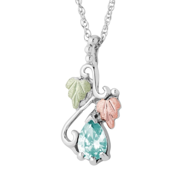 Ave 369 Created Aquamarine Pear March Birthstone Pendant Necklace, Sterling Silver, 12k Green and Rose Gold Black Hills Gold Motif