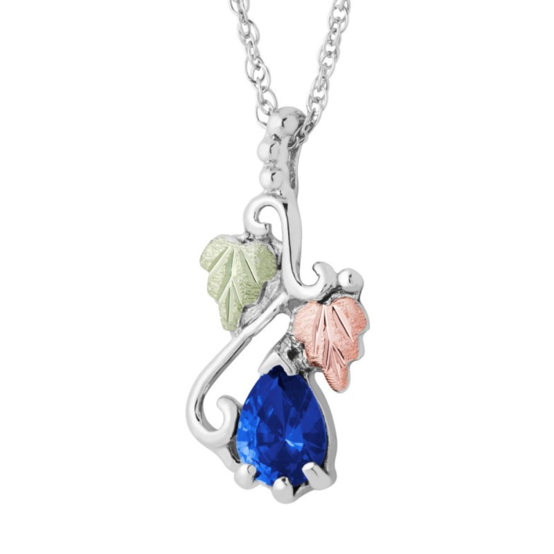 Ave 369 Created Blue Sapphire Pear September Birthstone Pendant Necklace, Sterling Silver, 12k Green and Rose Gold Black Hills Gold Motif, 18"