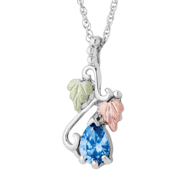 Ave 369 Created Blue Zircon Pear December Birthstone Pendant Necklace, Sterling Silver, 12k Green and Rose Gold Black Hills Gold Motif, 18"