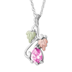 Ave 369 Created Rose Quartz Pear October Birthstone Pendant Necklace, Sterling Silver, 12k Green and Rose Gold Black Hills Gold Motif, 18"