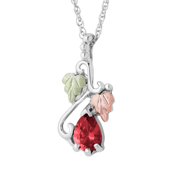 Ave 369 Created Ruby Pear July Birthstone Pendant Necklace, Sterling Silver, 12k Green and Rose Gold Black Hills Gold Motif, 18"