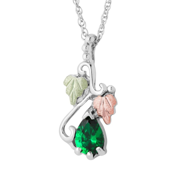 Ave 369 Created Emerald Pear May Birthstone Pendant Necklace, Sterling Silver, 12k Green and Rose Gold Black Hills Gold Motif, 18"