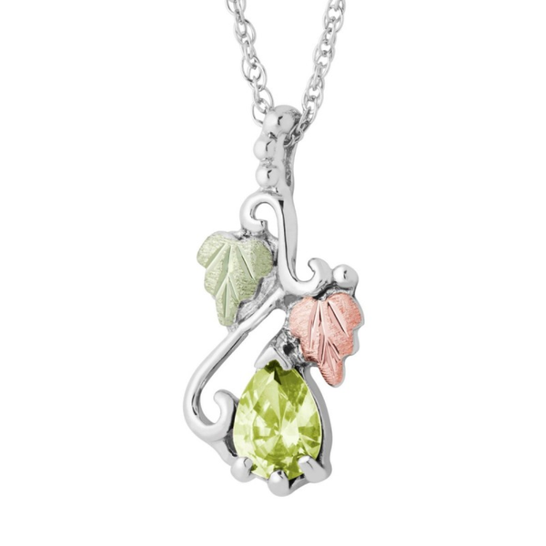 Ave 369 Created Peridot Pear August Birthstone Pendant Necklace, Sterling Silver, 12k Green and Rose Gold Black Hills Gold Motif, 18"