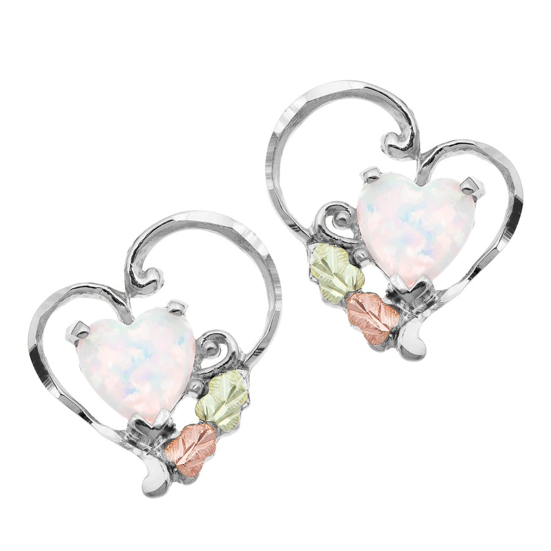 Ave 369 Created Opal Heart Earrings, Sterling Silver, 12k Green and Rose Gold Black Hills Gold Motif