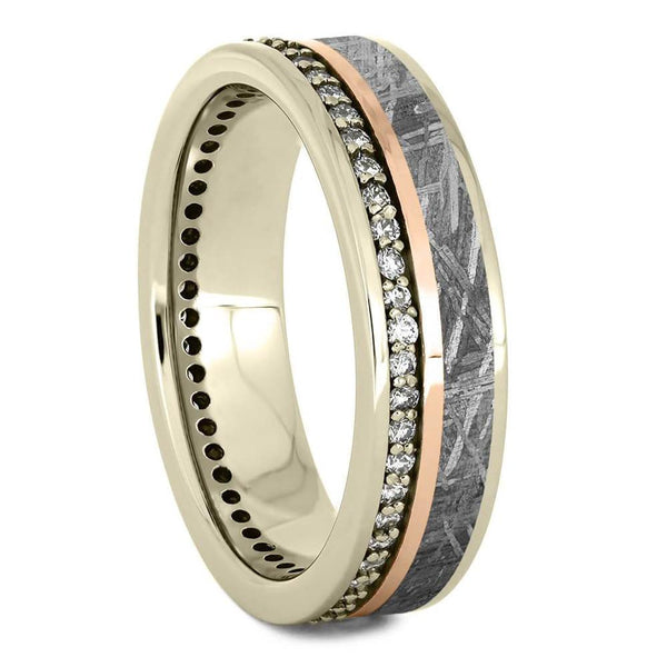 Ave 369 14k White Gold with Diamond and Gold Pinstripe, Gibeon Meteorite Inlay 5.5mm Comfort-Fit Eternity Wedding Band