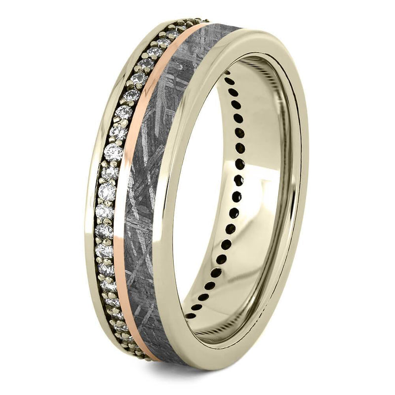 Ave 369 14k White Gold with Diamond and Gold Pinstripe, Gibeon Meteorite Inlay 5.5mm Comfort-Fit Eternity Wedding Band