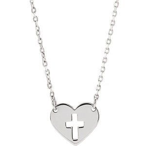 Pierced Cross Heart Sterling Silver Necklace, 18"