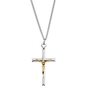 Two-Tone Beveled Crucifix Sterling Silver and Yellow Gold Filled Pendant Necklace, 24" (29X18MM)