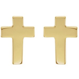 Girl's Christian Cross Stud Earring, 14k Yellow Gold (10x6MM)