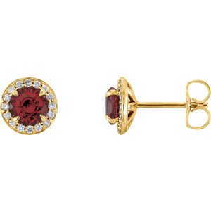 Mozambique Garnet and Diamond Halo-Style Earrings, 14k Yellow Gold (4.5MM) (.16 Ctw, G-H Color, I1 Clarity)