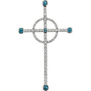 Halo Cross Swiss Blue Topaz and Diamond, 14k White Gold Pendant