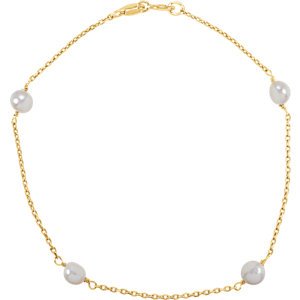 Girl's White Freshwater Cultured Pearl Bracelet, 14k Yellow Gold, 6" (4-4.5mm)