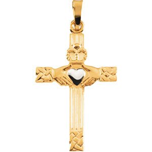 Two-Tone Claddagh Cross 14k Yellow and White Pendant (25.00X17.00 MM)