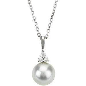 The Men's Jewelry Store (for HER) White Freshwater Cultured Pearl and Diamond Pendant Necklace, 14k White Gold, 18" (7.5-8MM)(.06 Ctw, Color G-H, Clarity I1)