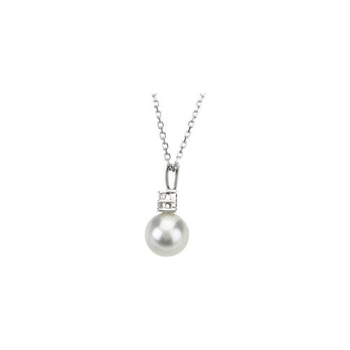 The Men's Jewelry Store (for HER) White Freshwater Cultured Pearl and Diamond Pendant Necklace, 14k White Gold, 18" (7.5-8MM)(.06 Ctw, Color G-H, Clarity I1)