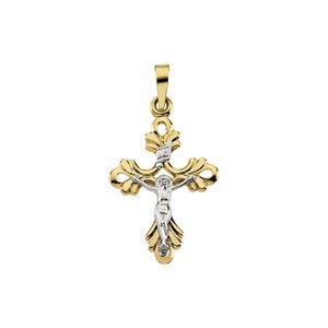 Two-Tone Floret Crucifix Pendant, 14k Yellow and White Gold (23X15MM)
