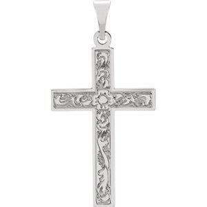 Embossed Flowers Cross 14k White Gold Pendant