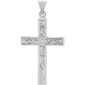 Embossed Flowers Cross 14k White Gold Pendant