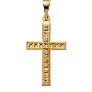 Childrens 14k Yellow Gold Christian Cross Pendant wth Engraved Florian Cross Pattern