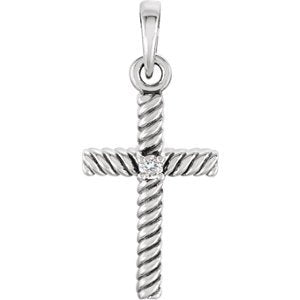 Diamond Rope-Trim Cross Rhodium-Plated 14k White Gold Pendant (.015 Ct, G-H Color, I1 Clarity)