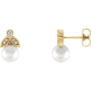 White Freshwater Cultured Pearl and Diamond Earrings, 14k Yellow Gold (6-6.5MM) (.07 Ctw, GH Color, I1 Clarity)