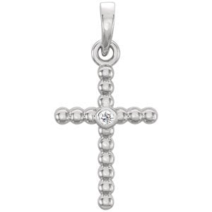 Diamond Beaded Cross Rhodium-Plated 14k White Gold Pendant (.015 Ct, G-H Color, I1 Clarity)