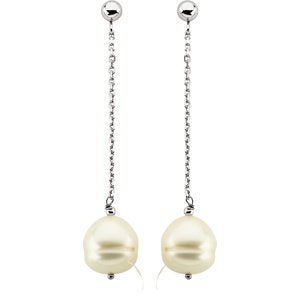 White Cultured Freshwater Circle Pearl Chain Earrings, 14k White Gold (9-11 MM)