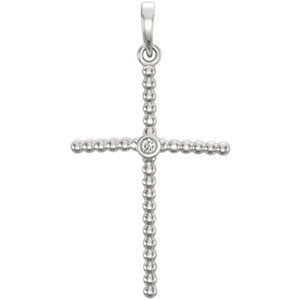 Diamond Beaded Cross Rhodium-Plated 14k White Gold Pendant (.02 Ct, G-H Color, I1 Clarity)