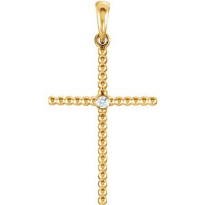 Diamond Beaded Cross 14k Yellow Gold Pendant (.03 Ct, G-H Color, I1 Clarity)