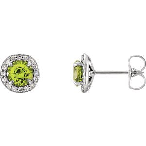 Peridot and Diamond Halo-Style Earrings, 14k White Gold (4MM) (.125 Ctw, G-H Color, I1 Clarity)