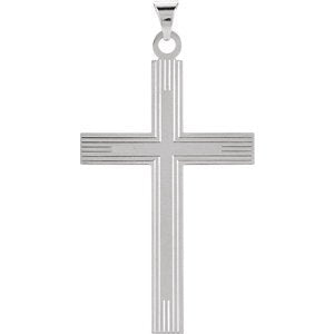 Line Pattern Inlay Cross Rhodium-Plated 14k White Gold Pendant (18X12MM)