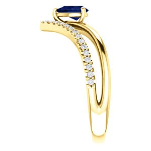 Chatham Created Blue Sapphire Pear and Diamond Chevron 14k Yellow Gold Ring (.145 Ctw, G-H Color, I1 Clarity)