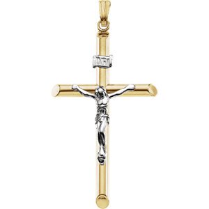 Two-Tone Cylindrical Hollow Crucifix 14k Yellow and White Gold Pendant (37X23MM)