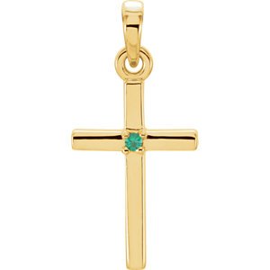 Emerald Inset Cross 14k Yellow Gold Pendant (19.2x9MM)