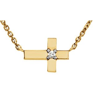 Diamond Sideway Cross Rhodium-Plated 14k Yellow Gold Necklace, 18" (.01 Ct, H-I Color, I1 Clarity)