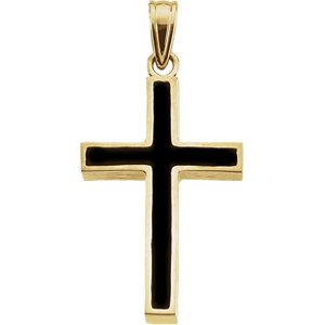 Black Epoxy Inlay Cross 14k Yellow Gold Pendant (24X16MM)