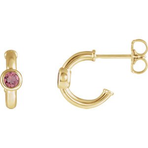 Pink Tourmaline J-Hoop Earrings, 14k Yellow Gold