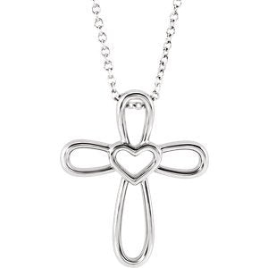 Open Heart Cross Rhodium-Plated 14k White Gold Pendent Necklace 16" and 18" (20.35X4.25 MM)