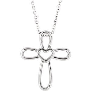 Open Heart Cross Sterling Silver Pendent Necklace 16" and 18" (20.35X4.25 MM)