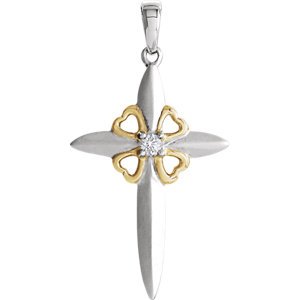Diamond Cross Pendant, Rhodium-Plated Sterling Silver, 10k Yellow Gold (.05 Ct, I-J Color, I3 Clarity)
