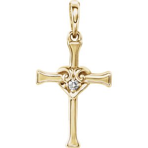 Diamond with Heart Cross 14k Yellow Gold Pendant (.025 Ct, G-H Color, I1 Clarity)