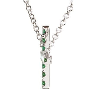 Green CZ Sideways Cross Rhodium-Plated Sterling Silver Necklace, Adjustable 16-18"