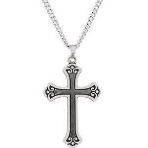 Fancy Trefoil Cross Sterling Silver Necklace, 18"