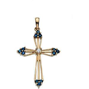 Diamond and Sapphire Passion Cross 14k Yellow Gold Pendant