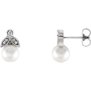 White Freshwater Cultured Pearl and Diamond Earrings, Rhodium-Plated 14k White Gold (6-6.5MM) (.07 Ctw, GH Color, I1 Clarity)