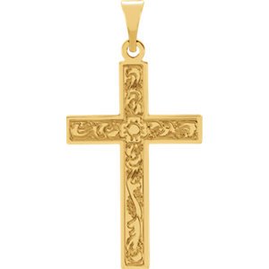 Embossed Flowers Cross 14k Yellow Gold Pendant